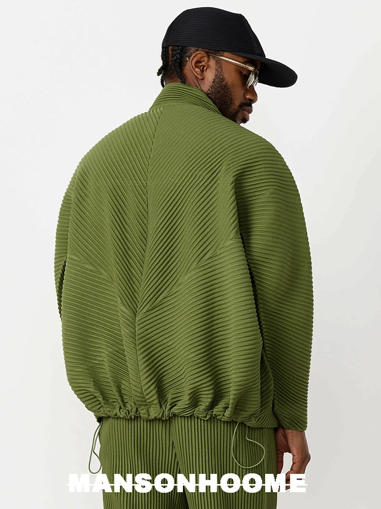 Miyake Pleated Standing Neck Splice Designer Jacket Men's Loose Relaxed Long Sleeve Shirt Coat JC110