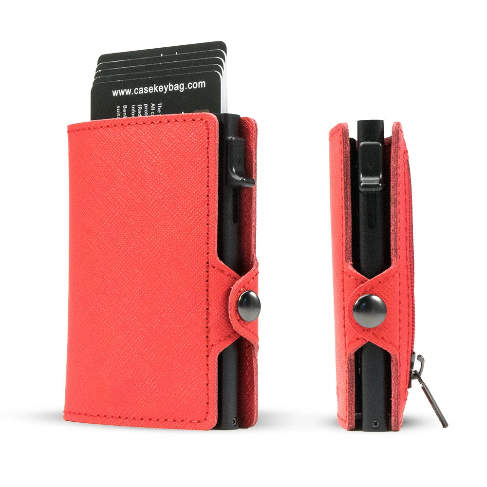CASEKEY Slim Men Wallet Saffiano Genuine Leather Pop Up Credit Card Holder Billetera RFID Blocking Smart Wallet with Coin Purse