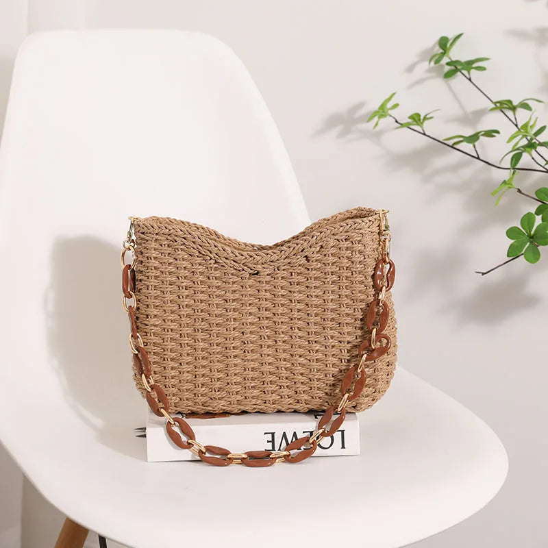 Small fresh purple underarm woven bag New crescent single shoulder solid straw woven bag Women's beach holiday beach bag