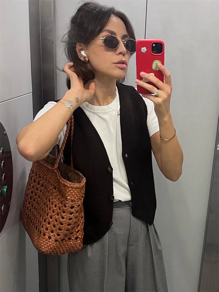 Tossy Knit Casual Ribbed Vest Cardigan For Women Solid Slim V-Neck Sleeveless High Waist Outwear Female Loose Knit Vest Sweater