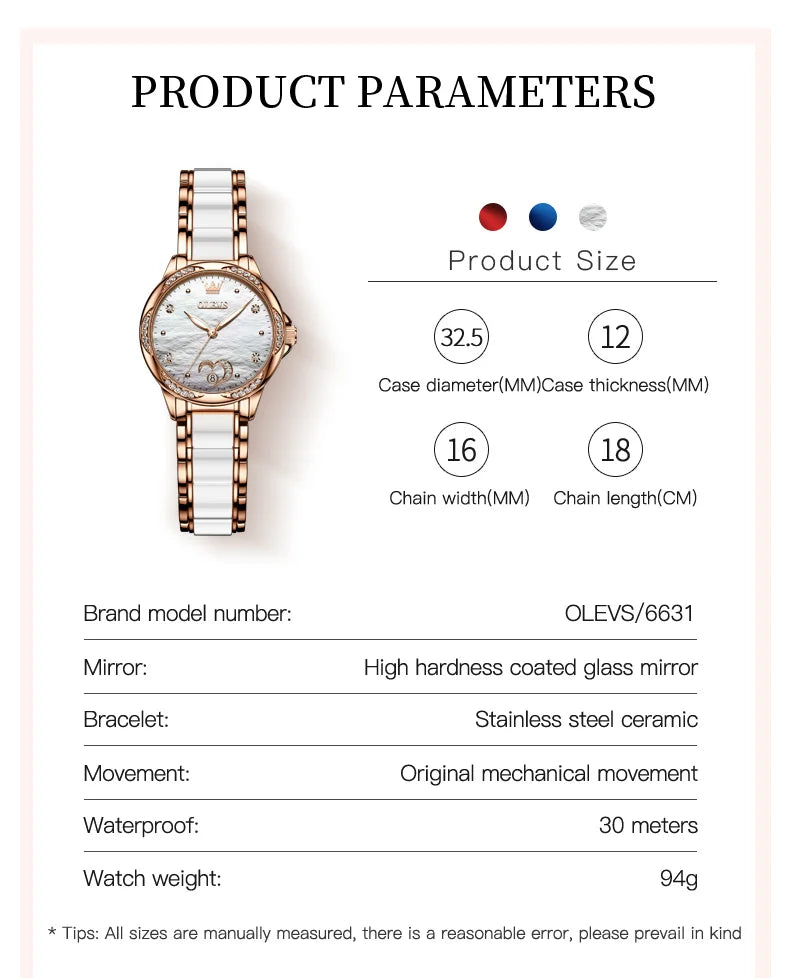 OLEVS 6631 Top Original Automatic Watch for Women Fashion Heart Design Diamond Bezel Ceramics Strap Ladies Mechanical Wristwatch