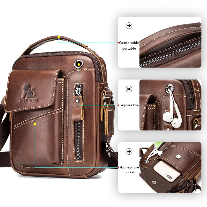 Men's leather shoulder bag, multifunctional and high-capacity cowhide crossbody bag, handbag