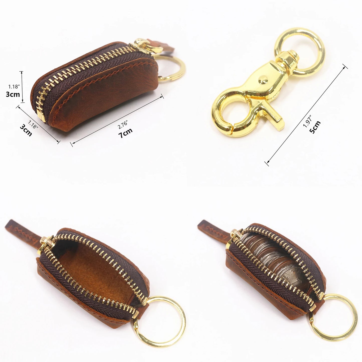 Genuine Leather Coin Pouch Keychain For Men Women Original Cowhide Handmade Small Zipper Coin Purse With Brass Key Chain Holder