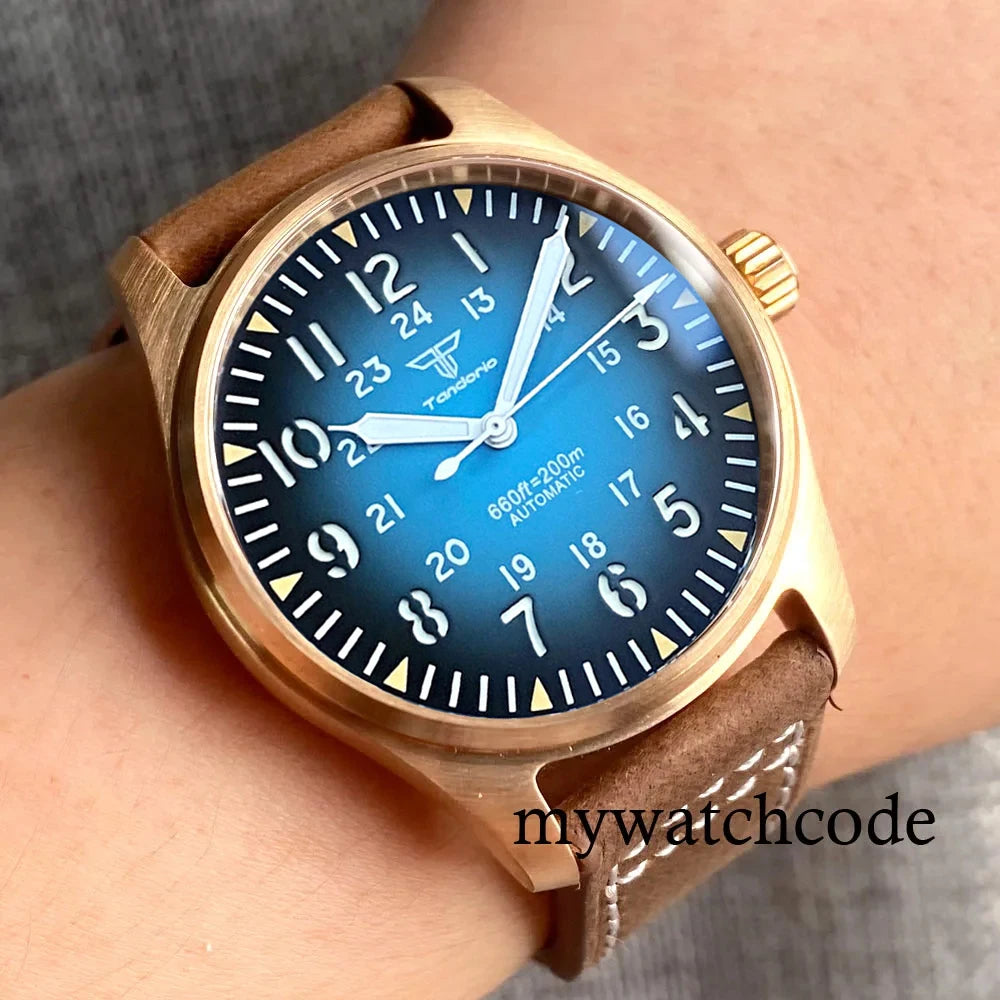 Tandorio CuSn8 Real Bronze NH35A PT5000 Dive Mechanical Watch Men Vintage Pilot Wristwatch 20bar Sport Clock Sunburst Green/Red
