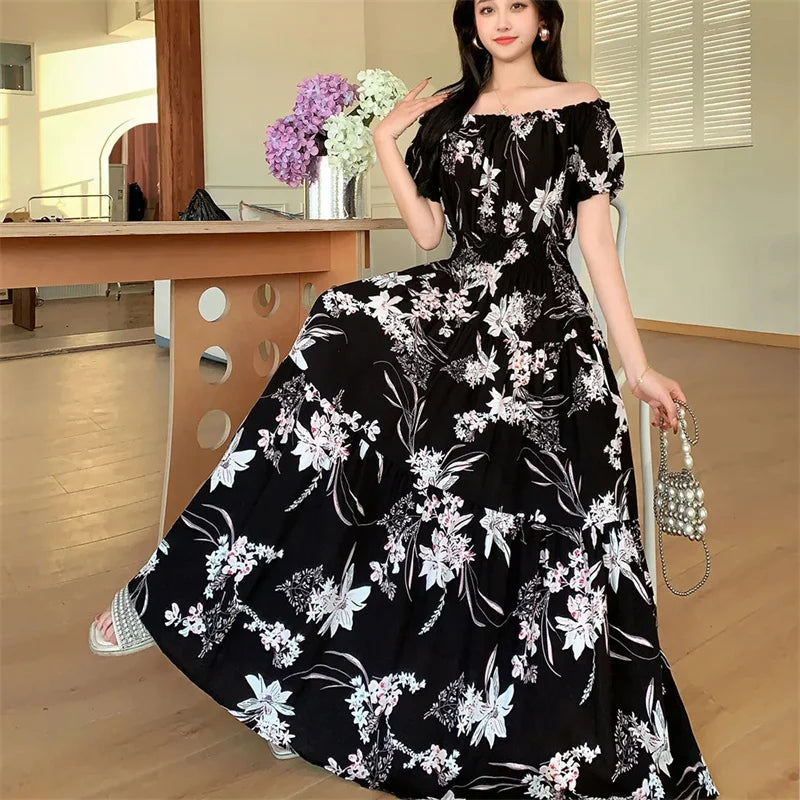 Cotton Silk floral Short sleeved Dress Beach vacation Big swing Dress New Summer 2025 Printed One neck Long Dresses