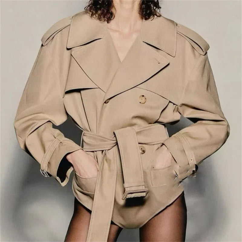 Women's jackets 2025 summer new belt slim fit lapel long sleeved top High quality pure cotton Women's coat jumpsuit windbreaker