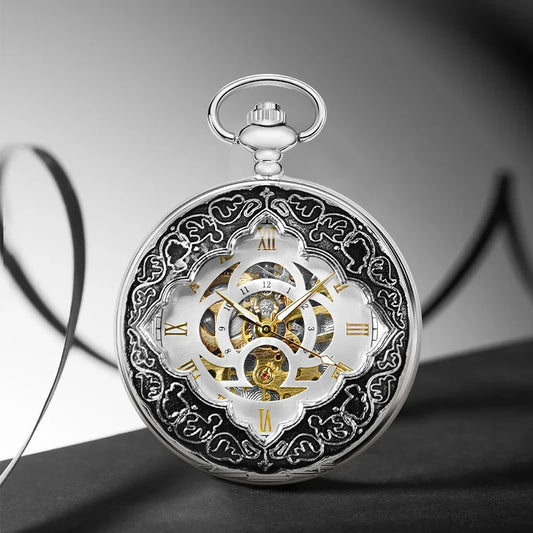 1pc Vintage Mechanical Pocket Watch The case has a unique flower shape, and the black color with the dial is very perfect, this