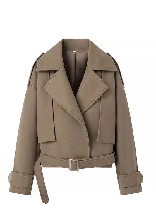 TRAFZA Fashion Vintage New Women Casual Outerwear Long Sleeve Belt decoration Loose lapel woolen Coat Button-up Chic Tops