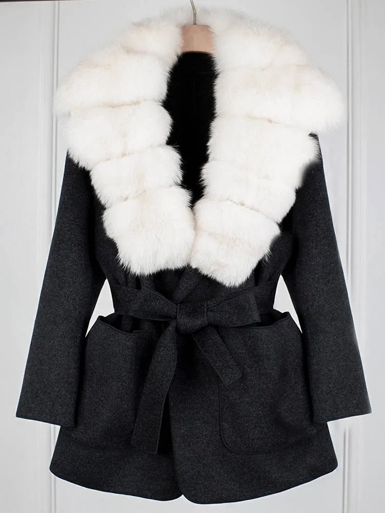 Lagabogy 2025 Large Natural Fox Fur Collar Cuffs Winter Cashmere Wool Blends Women Slim Fit Suit Double Sided Woolen Trench Coat