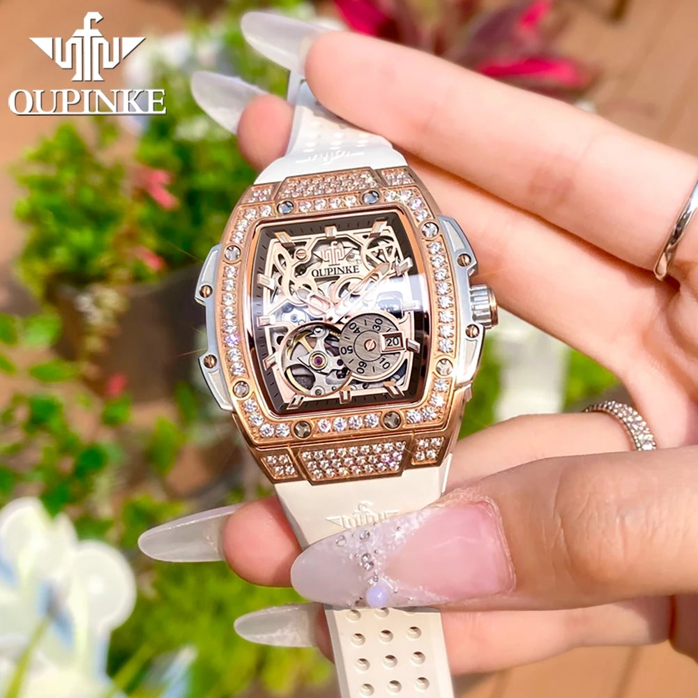 OUPINKE 3220 Women's Watch Flywheel Skeleton Mechanical Watch For Women Luxury Silicone Strap Wristwatch Sapphire Mirror Clock
