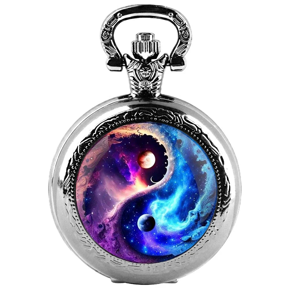 Creative Yin-Yang Planet Dome Quartz Pocket Watch Arabic Numeral Dial Vintage Men Women Necklace Pendant Creative Clock Gifts