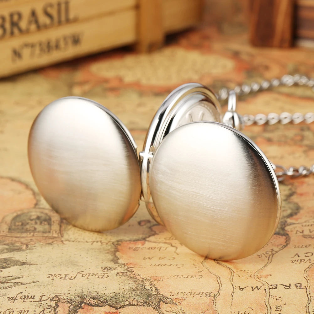 Classic Vintage Brushed Silver Mechanical Pocket Watch Hand Winding Movement Luxury Antique Timepiece Gift Men with Watch Box