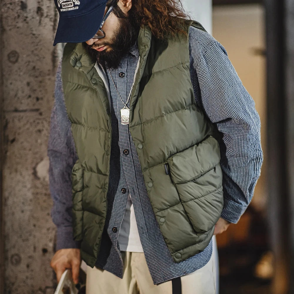 Maden Men's Autumn and Winter Down Vest White Duck Down Filling Thickened Warm Stand-up Outerwear Vests Large Double Side Pocket