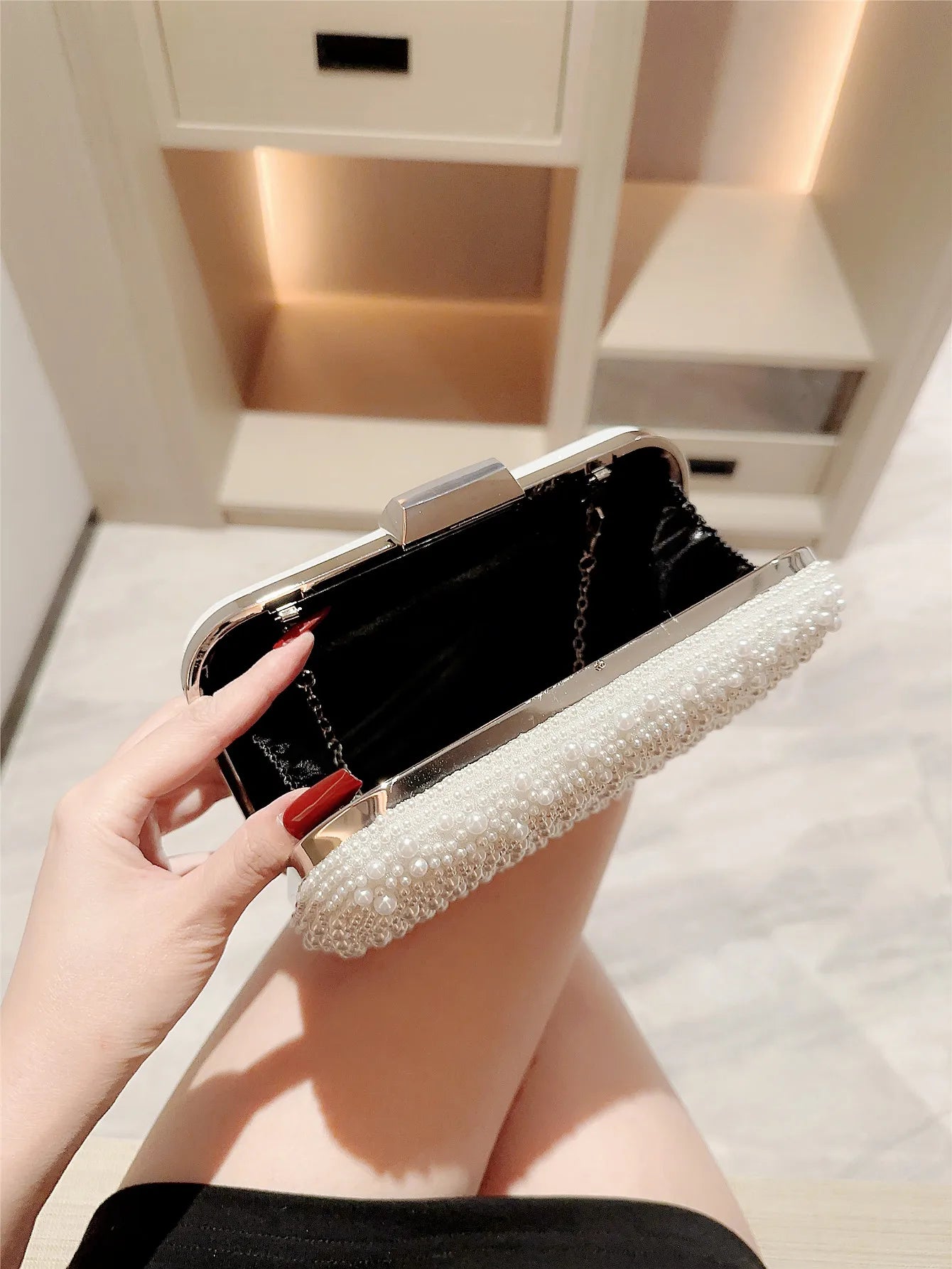 New Pearl Square Box Type Evening Bag Beaded Clutch Chain Bag Banquet Bag Evening Bag Dress Bag Wedding Bag