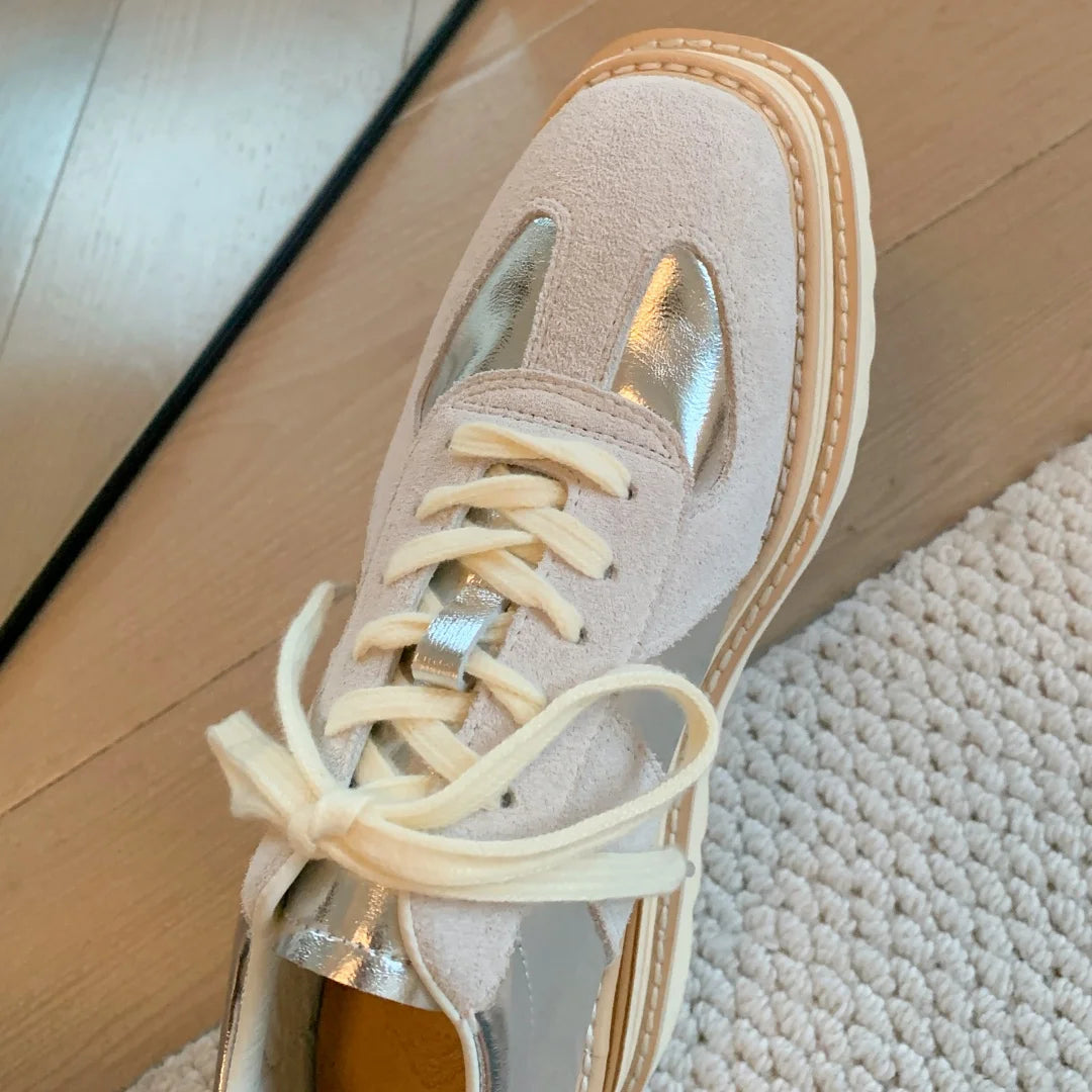 Women's genuine leather patchwork thick sole platform hemp lace-up oxfords high quality soft comfortable walk casual shoes 2025