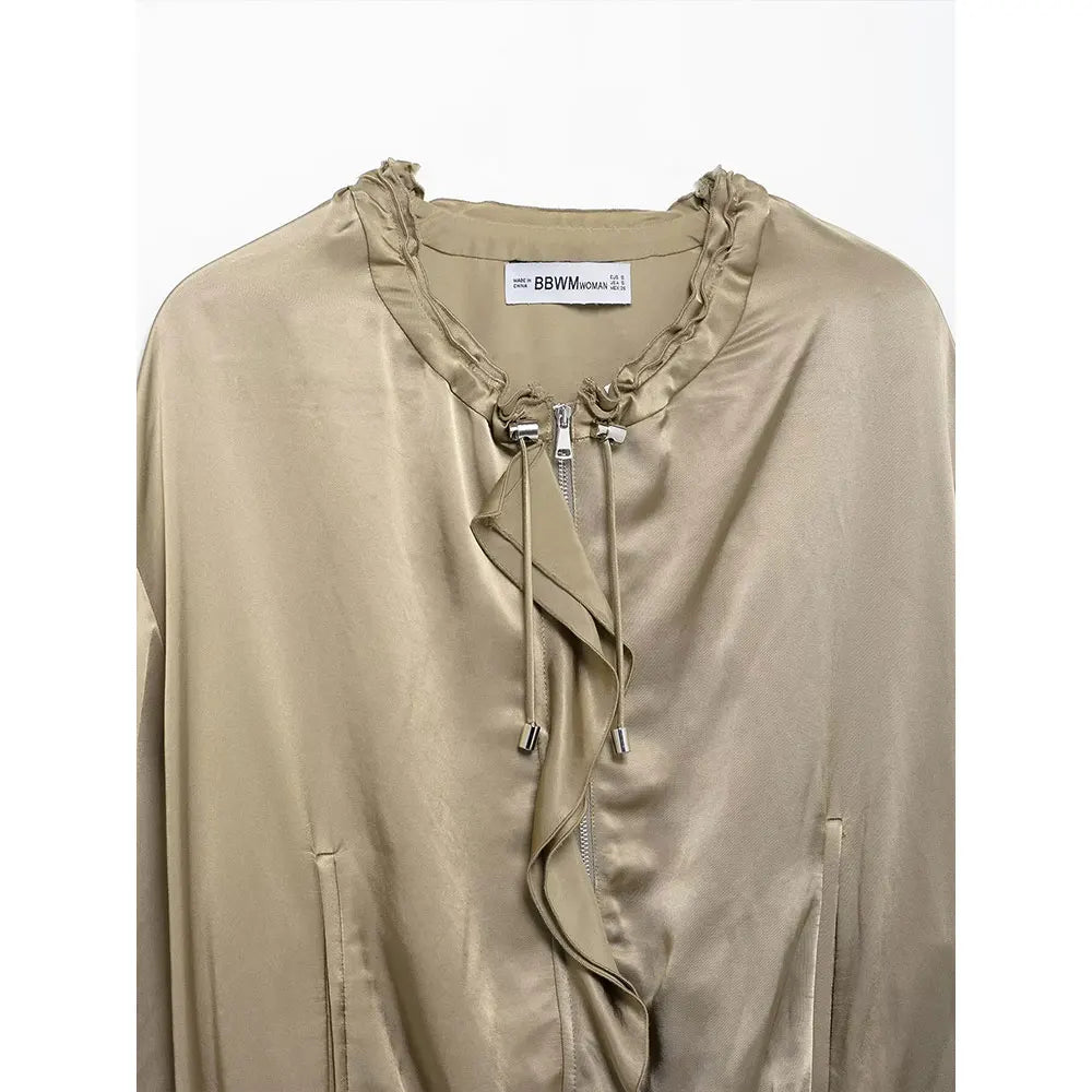 DUOPERI Women Fashion Spring New Khaki Ruffled  Jackets Vintage O-Neck Long Sleeves Female Chic Lady Outfits