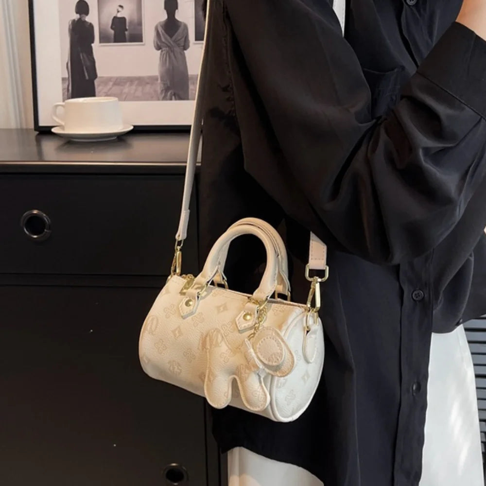 New PU Print Crossbody Bag Square Shape Solid Color Fashion Shoulder Bag with Pendnat Handbag