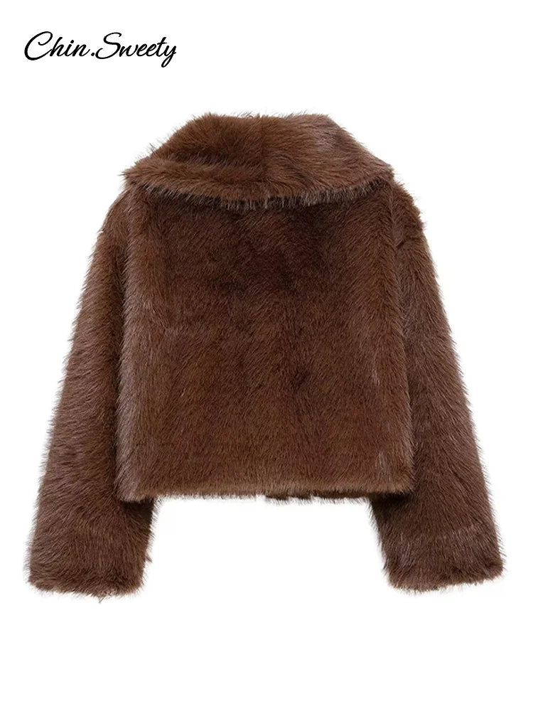 Brown Lapel Faux Fur Short Coat Women Fluffy Long Sleeve Warm Thick Loose Jacket 2025 Autumn Winter Lady High Street Outwear ﻿