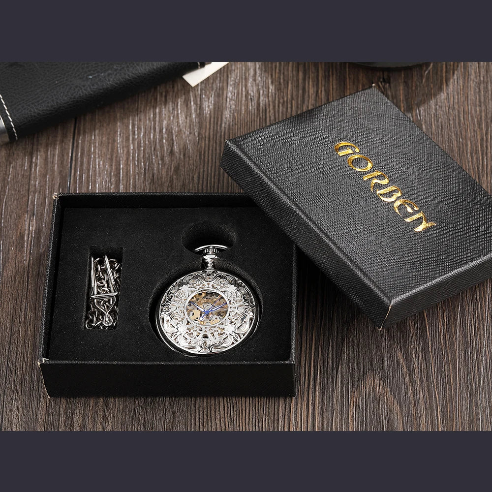 Retro Mechanical Pocket Watch Red Cross Hand-winding Silver Edelweiss Sculpture Hollow Vintage Skeleton Watches Men FOB Chain