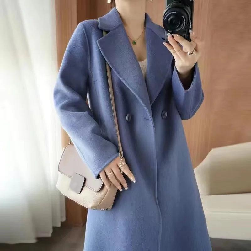 2024 Autumn 100% Double Sided Cashmere Coat Women's Winter New Slim Temperament Wool Coats Solid Casual Female Long Overcoat