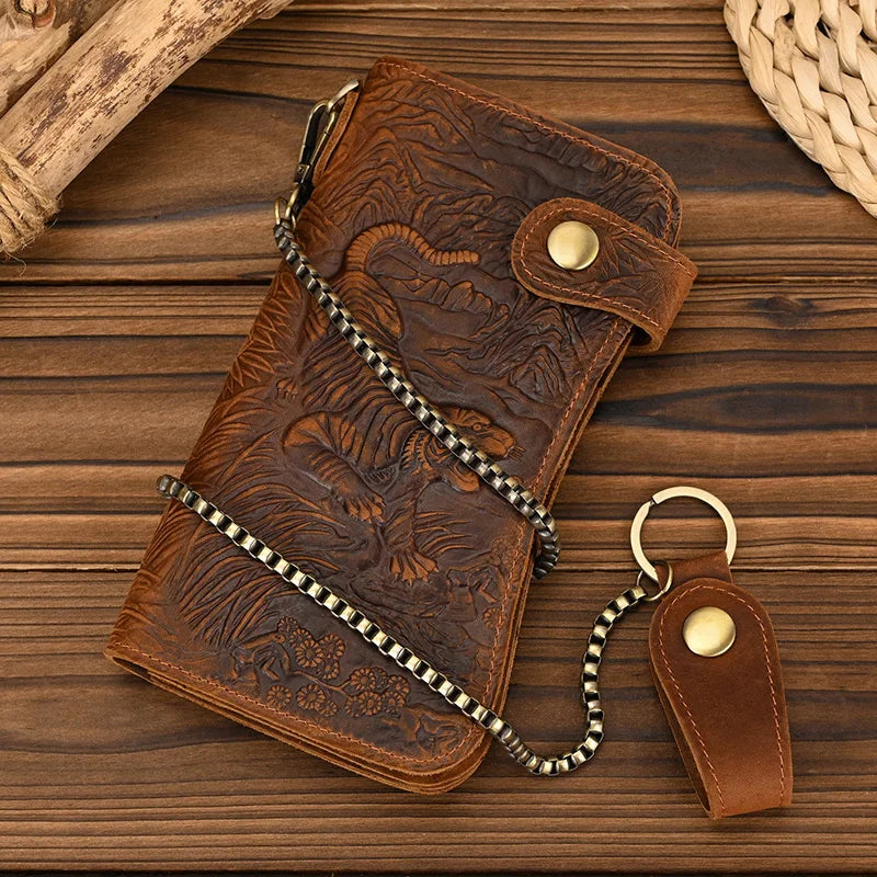 Newsbirds luxury brand designer men leather wallet 3D Tiger Dragon embossing cowhide men's wallet with iron chain high fashion