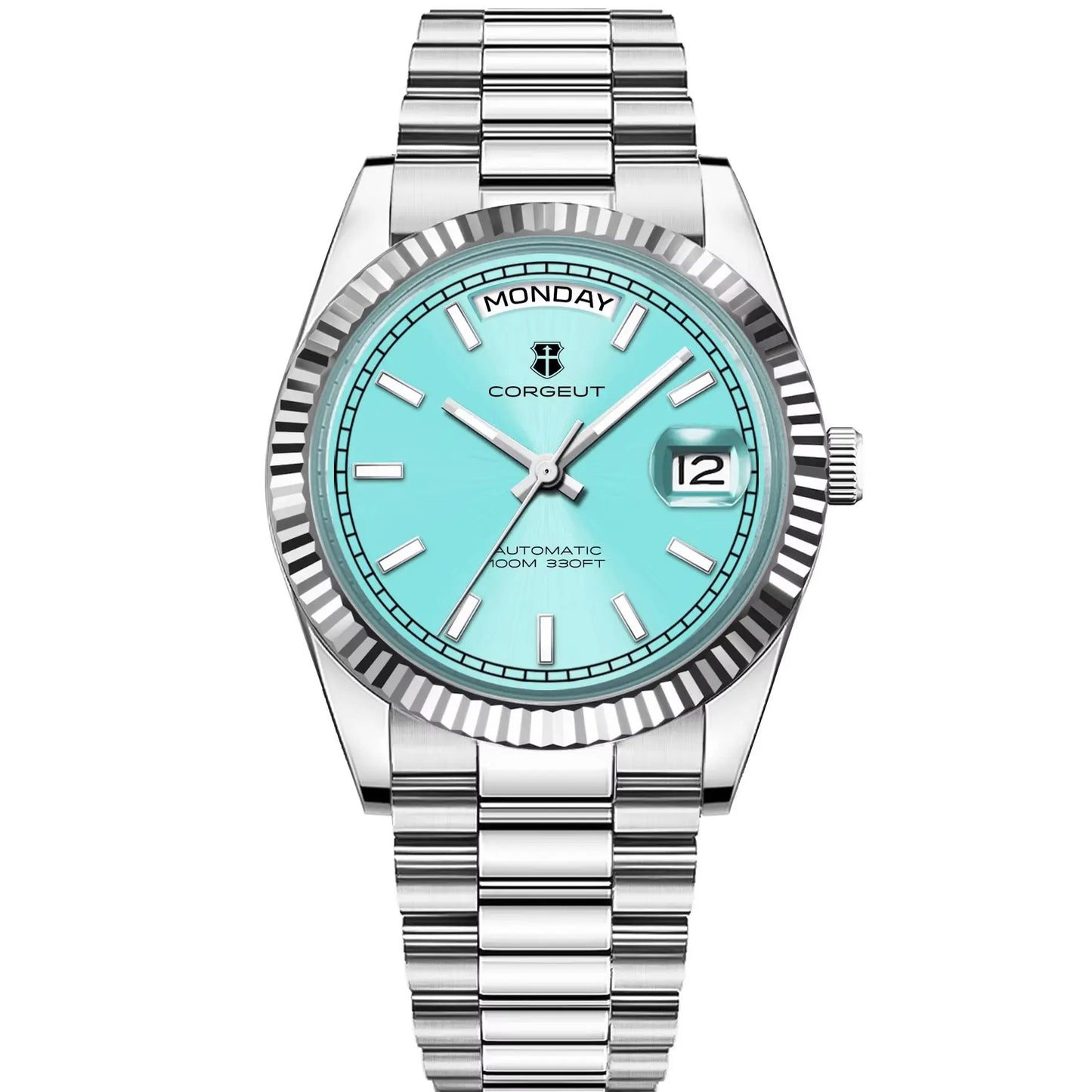 CORGEUT NH36 Mechanical Men's Watch Date of the Week Show President Chain Strap Steel Case Watch Threaded Arc Bezel waterp