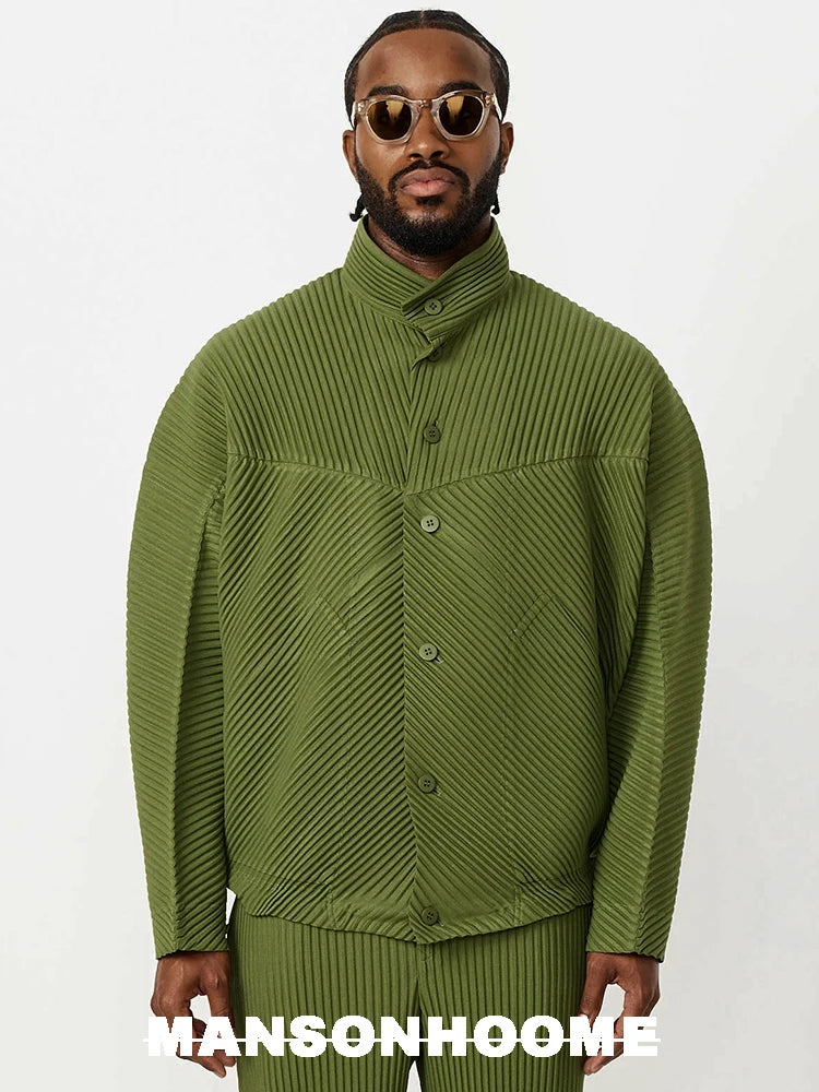 Miyake Pleated Standing Neck Splice Designer Jacket Men's Loose Relaxed Long Sleeve Shirt Coat JC110