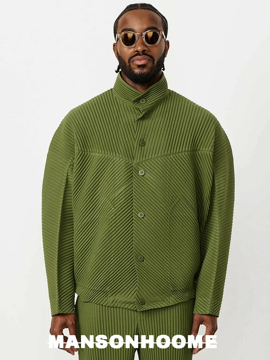 Miyake Pleated Standing Neck Splice Designer Jacket Men's Loose Relaxed Long Sleeve Shirt Coat JC110