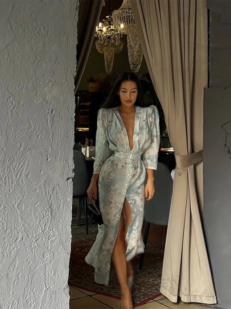 Print Long Dress For Women Deep V-neck Puff Sleeve Single Breasted Front Split Robes 2025 Summer Elegant Female Party Dresses