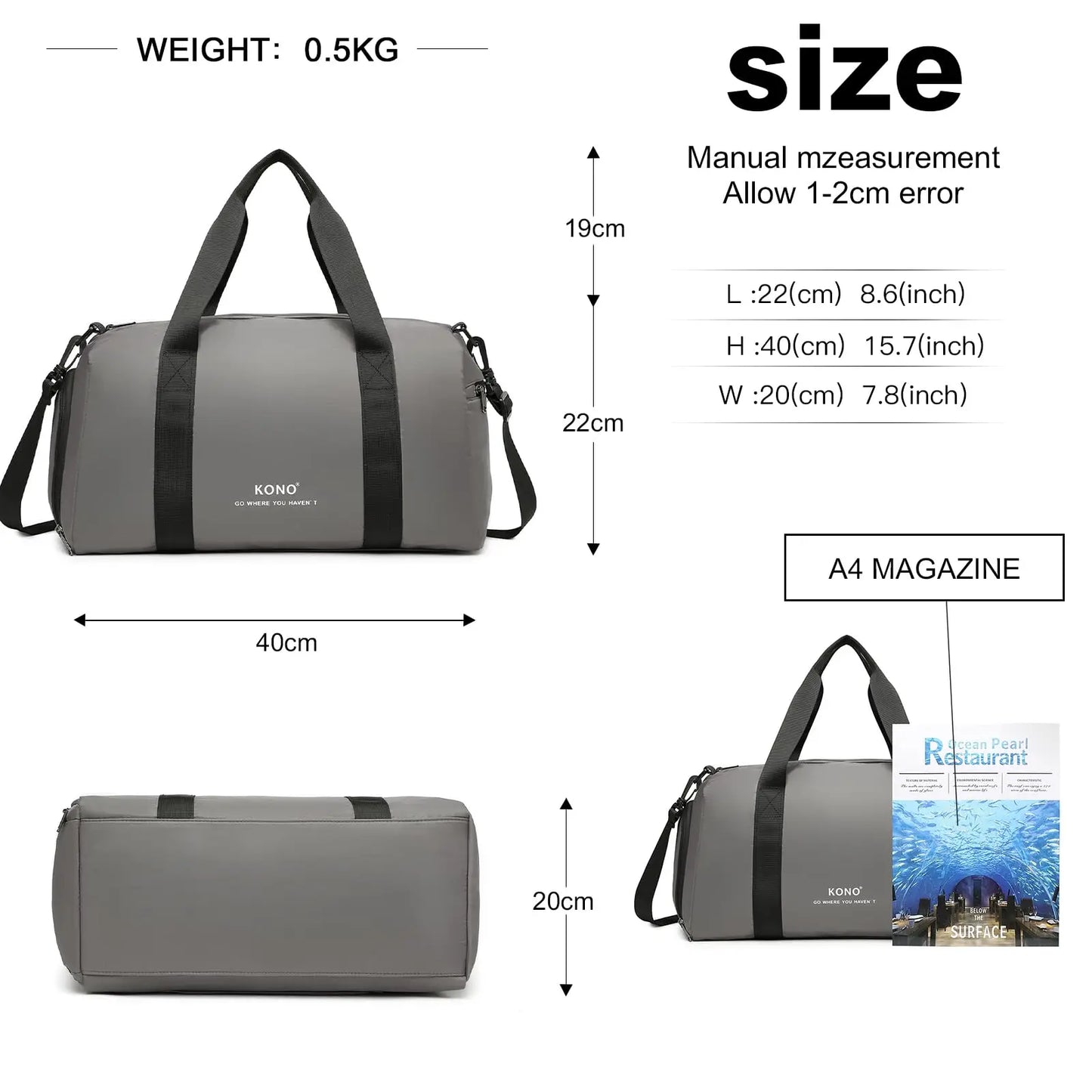 Kono hand luggage bag for Ryanair & EasyJet, 40x20x25 cm, waterproof, with shoulder belt and shoe bag, ideal for air travel