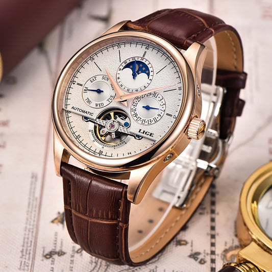 LIGE 2024 New Retro Men Watch Top brand Luxury Tourbillon Watch Men Fashion Waterproof Men Mechanical Wristwatches Montre Homme
