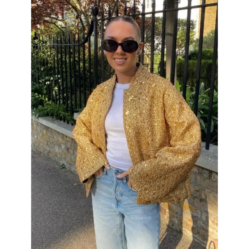 Jinia trendy sequins gold jacket for women 2024 loose stand collar long sleeve club jacket 2024 autumn office ladies outwear