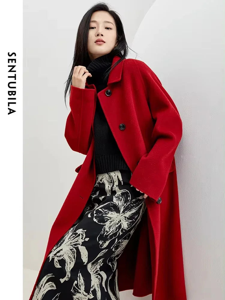 SENTUBILA Double-faced Woolen Long Jacket For Women 2025 Winter 100% Wool Coat Simple Comfortable Warm Lapel Overcoat W34O49911