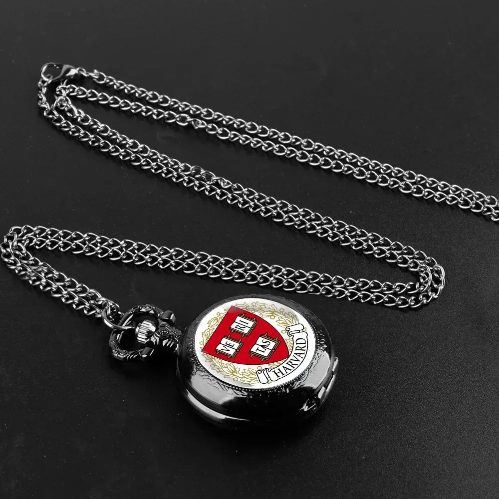 Harvard University Logo Glass Dome Quartz Pocket Watch with Chain for Men and Women Exquisite Jewelry Accessories birthday Gifts