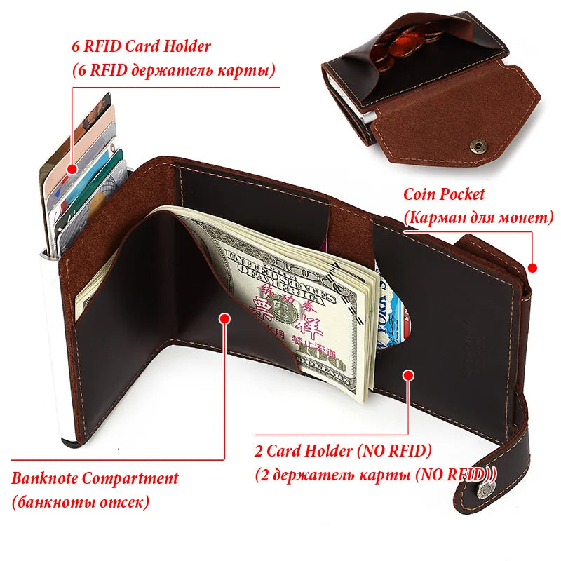 Cowhide Leather Pop-Up Credit Card Holder RFID Blocking Bank Card Case Minimalist Wallet for Men Money Clip with Coin Pocket