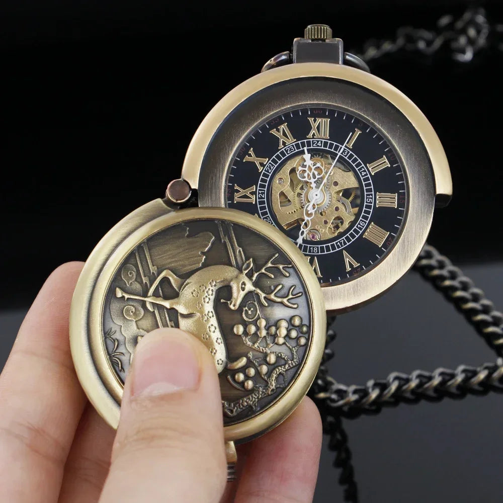 Bronze Elk Manual Mechanical Pocket Watch Roman Numerals Skeleton Dial Pendant Clock  Casual Fashion Gifts for Women Men Relógio
