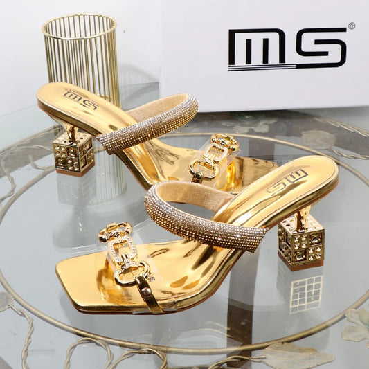 Women's slippers 2025 summer fashion Transparent belt metal decoration box shaped square Alien heel high heels wearing sandals