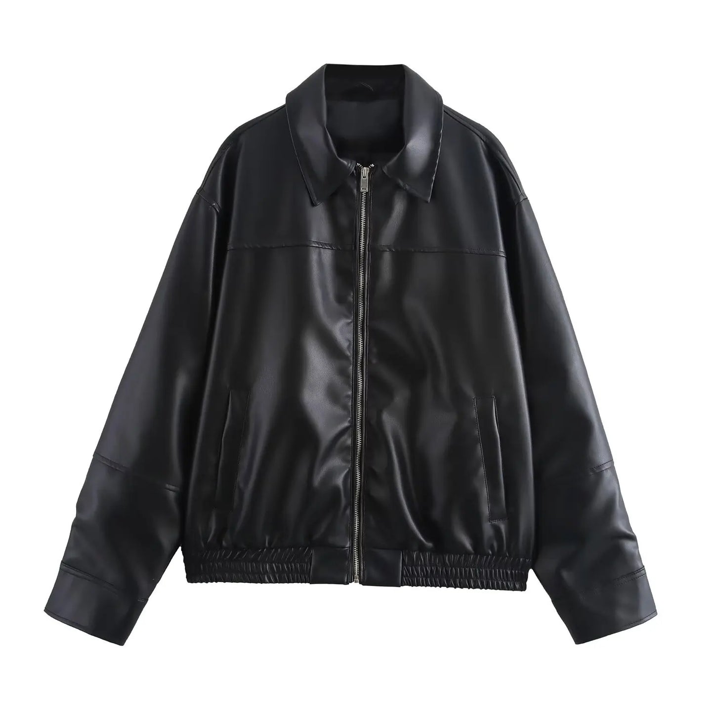 Women's Red Pu Leather Burgundy Solid Lapel Cropped Jacket Female Pockets Long Sleeves Short Coat 2024 Lady Autumn Streetwear