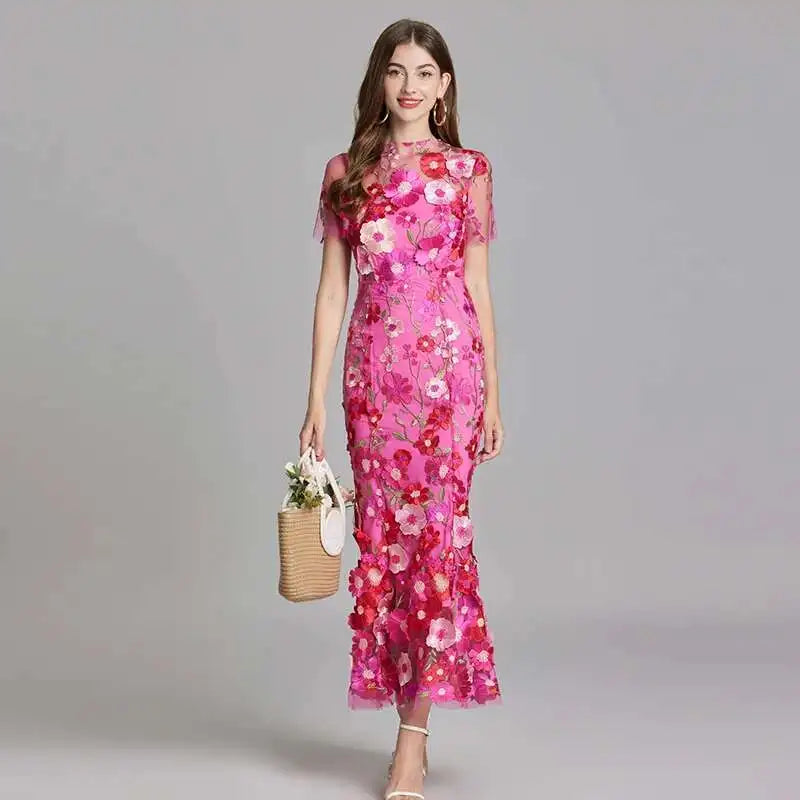 Summer Embroidery Lace Prom Dress Women French Luxury 3D Flower Fishtail Short Sleeve Long Dresses Party Bodycon Holiday Vestido