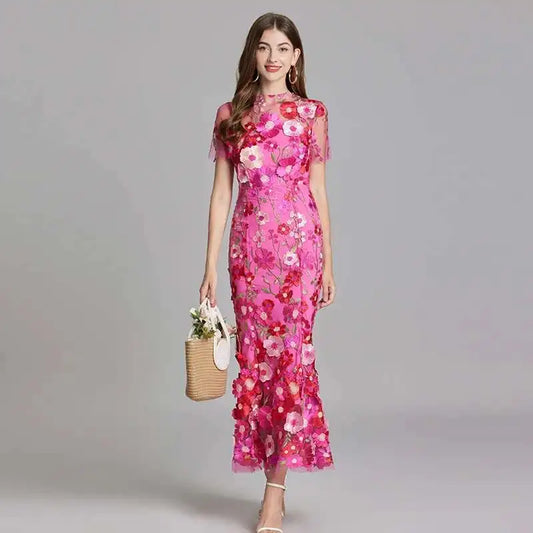 Summer Embroidery Lace Prom Dress Women French Luxury 3D Flower Fishtail Short Sleeve Long Dresses Party Bodycon Holiday Vestido