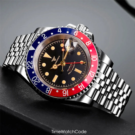 Tandorio Retro NH34A Automatic Watch for Men Diving GMT Movement Vintage Luminous Sapphire 20BAR Waterproof 316L Bracelet 40mm