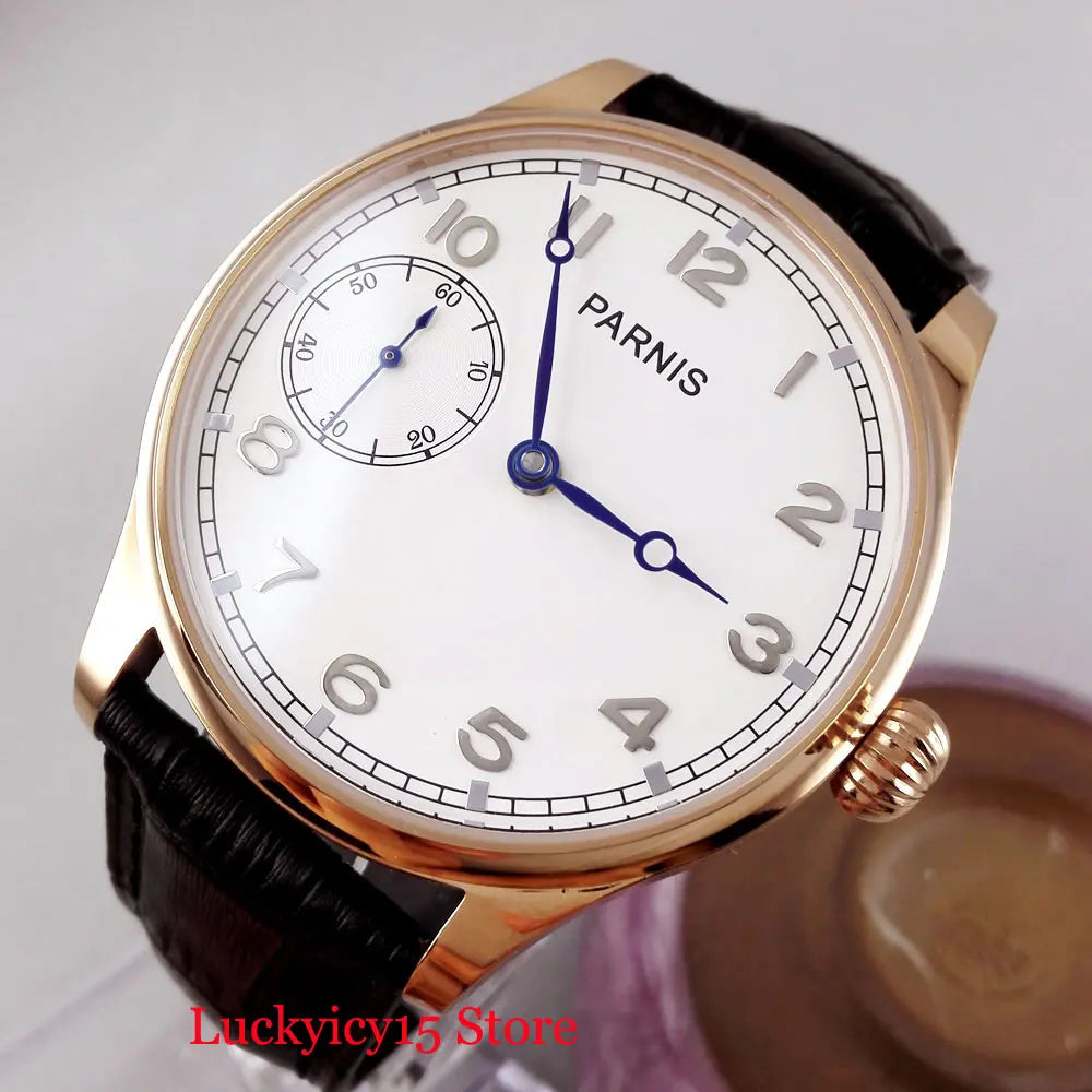 Rose Gold Hand Winding Round Wristwatch White Dial Gold Hand 6497 Movement 44mm Men Watches