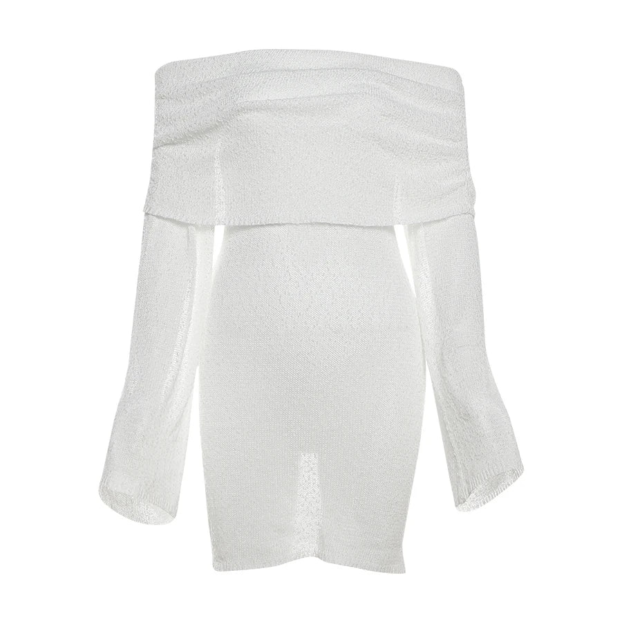 Whatiwear Sexy See Through Dress Women Ruched Slash Neck Flared Sleeve Vacation Fashion Beach Party Elegant Knit Mini Bodycon