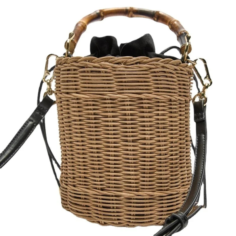 New Wicker Rattan Bucket Bag Bamboo Handle Women Handbags Bohemian Travel Beach Shoulder Bag Handmade Straw Bags for Women Tote