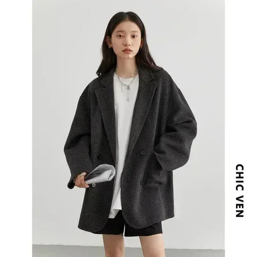CHIC VEN Women's Woolen Coats Fashion Solid Loose Warm Jackets Korean Casual Office Lady Female Clothing Spring Autumn New 2025