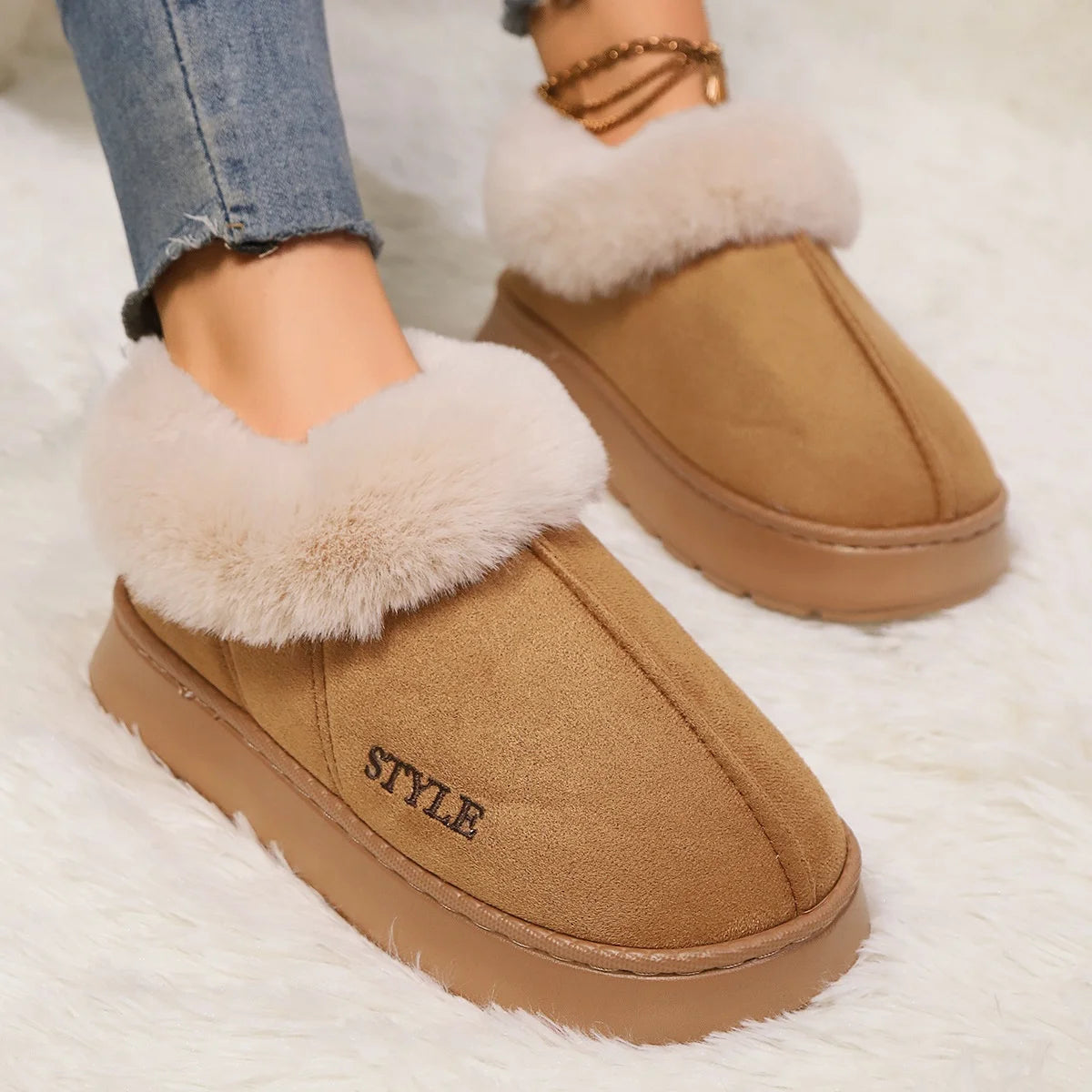 Women's Winter Fur Shoes Male Ankle Boots Platform Slippers Home Warm Fashion Outdoor Basis Thick Wool Wool Short Boots