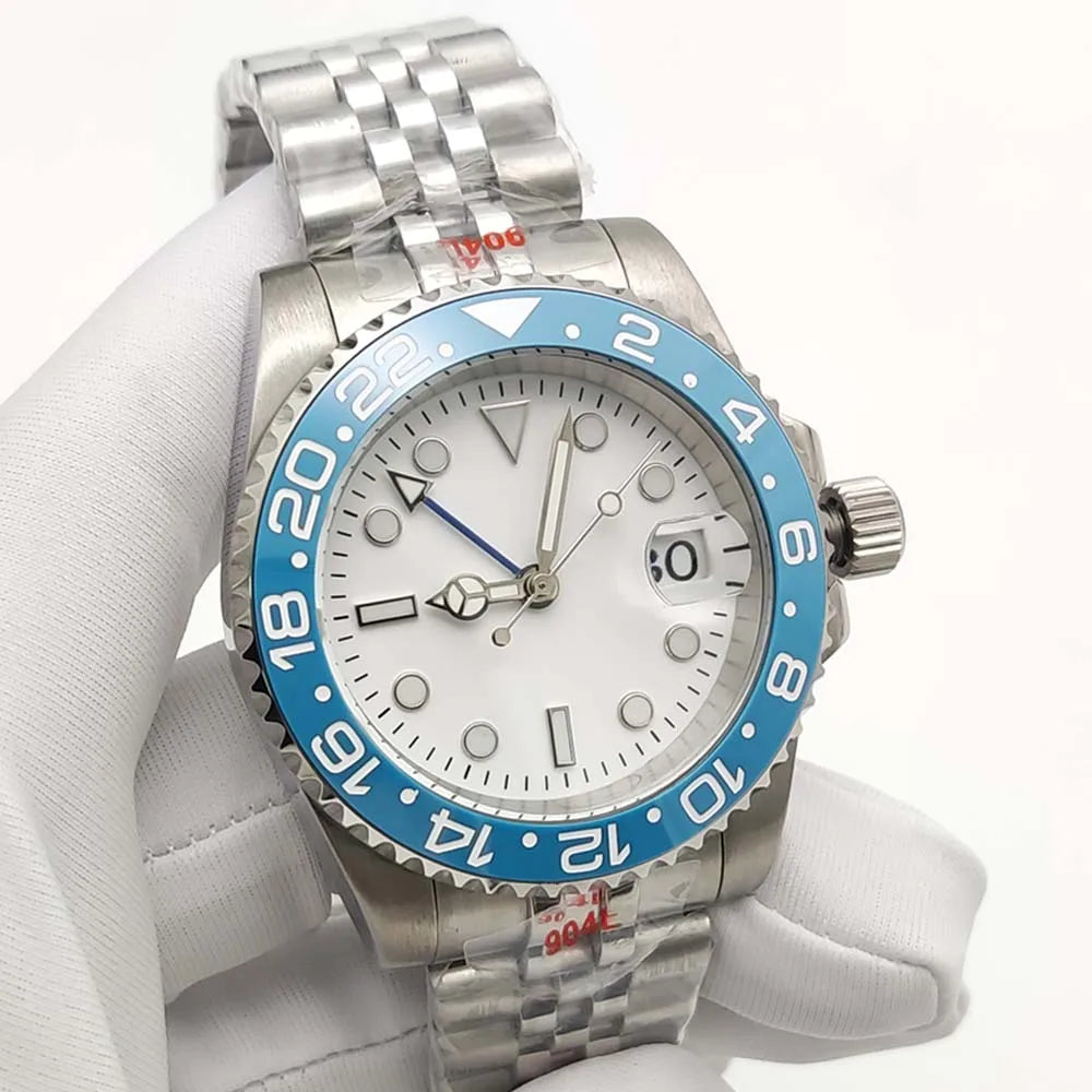 Men's New Elegant White GMT Watch, NH34 Movement, Sapphire Glass, Stainless Steel Waterproof Men's Mechanical Watch