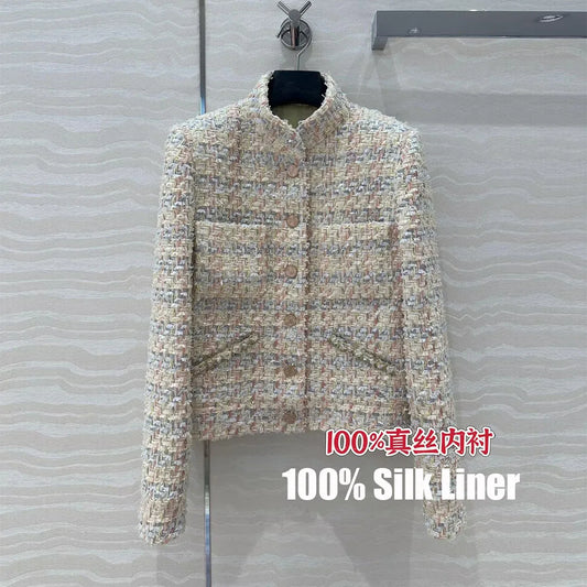 Top Quality 100% Silk Liner Plaid Woven Tweed Coat Women Stand Collar Long Sleeve Single Breasted Pockets Sweet Vintage Jacket