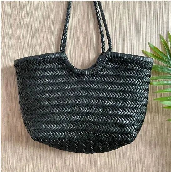 Hand Knitted Designer Genuine Leather Elegant Handle Female Totes Vintage Women's Handbag Cowskin Lady Large Shoulder Bag