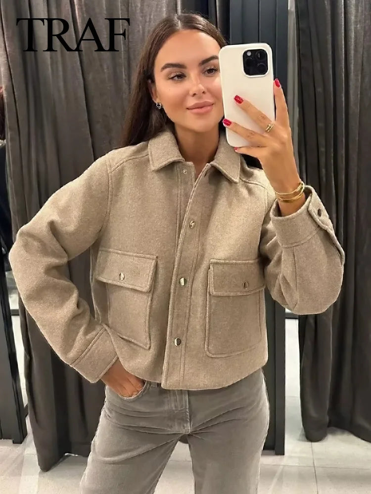 TRAFZA Women Fashion Elegant Khaki Long Sleeve Slim Cropped Coat Female Casual Loose Chic Tops With Buttons Pocket Streetwear